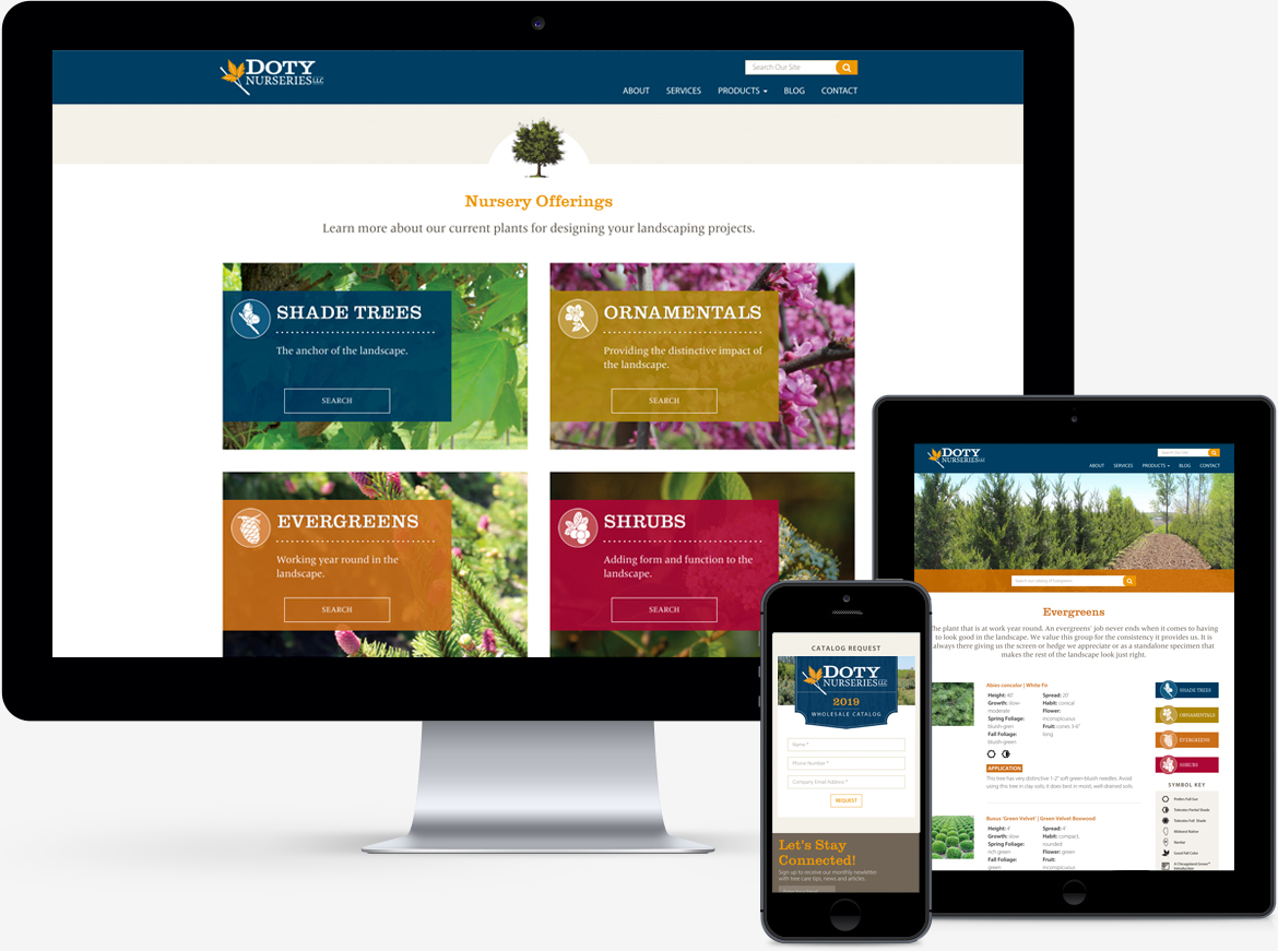 Doty Nurseries Website on desktop, iPad, and phone