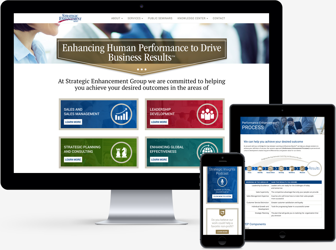 Strategic Enhancement Group website on desktop, iPad, and phone